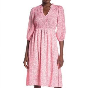 Superfox Dress Womens XS Smocked Midi Hot Pink Floral Long Sleeve V Neck Collar